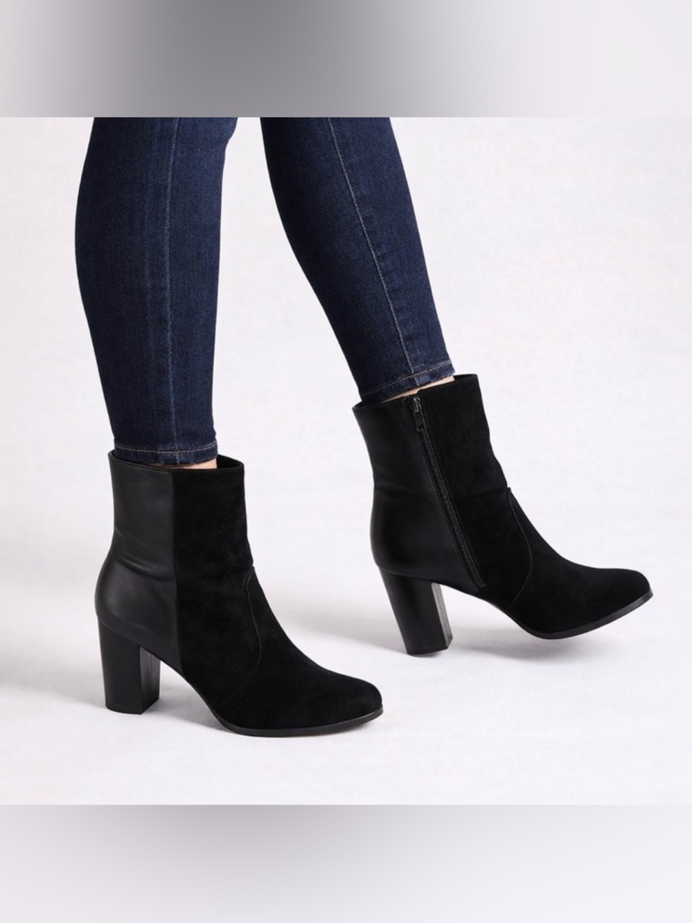 JustFab Black Suede Leather Block Heel Ankle Boots Size 11 Chic Zip